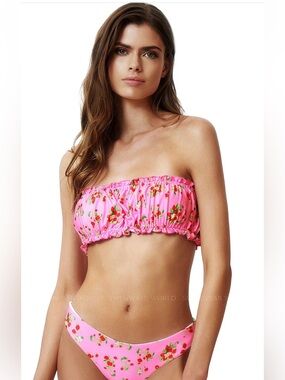PQ Swim Remi Ruched Pink Floral Bandeau Bikini Top Medium New